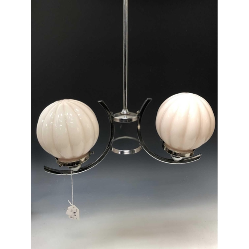 318 - An Art Deco chrome two branch pendant light fitting, with two pink opaque glass shades, width 44cm.