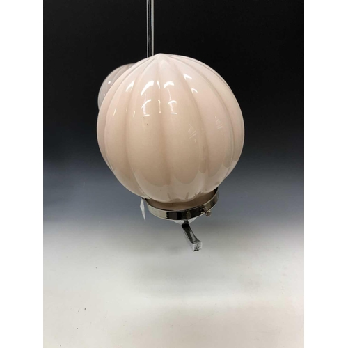 318 - An Art Deco chrome two branch pendant light fitting, with two pink opaque glass shades, width 44cm.