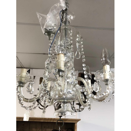 319 - A five branch Continental glass electrolier, with pendant drops and swags, height approximately 56cm... 