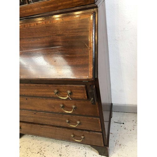 3201 - An Edwardian mahogany and satinwood banded bureau bookcase, with glazed upper section, the lower par... 