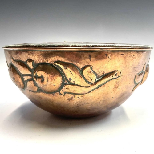 41 - A Newlyn copper rose bowl, with pierced top, repousse decorated with medlars, stamped mark, diameter... 