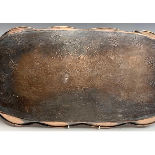 46 - Cornish copper, A J & F Pool, Hayle copper tray, with lobed rim, engraved with fish and seaweed, wid... 