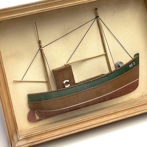 47 - A half model of a Newlyn fishing boat, Pz3, framed and glazed, 15.5 X 22.5cm.