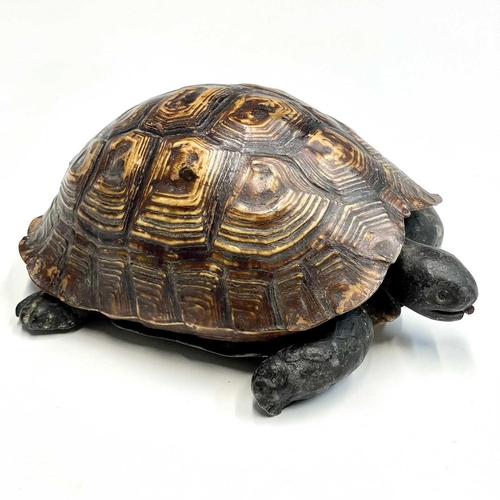 53 - A box and cover, in the form of a tortoise, circa 1920, with natural shell cover and composition hea... 