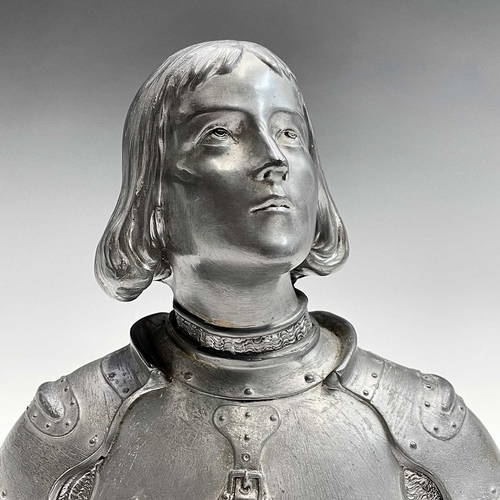 63 - A French spelter bust of Joan of Arc on a marble base signed Rullony, height 23cm.