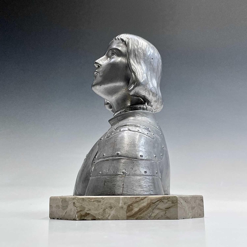 63 - A French spelter bust of Joan of Arc on a marble base signed Rullony, height 23cm.