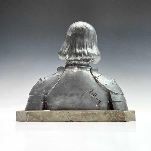 63 - A French spelter bust of Joan of Arc on a marble base signed Rullony, height 23cm.