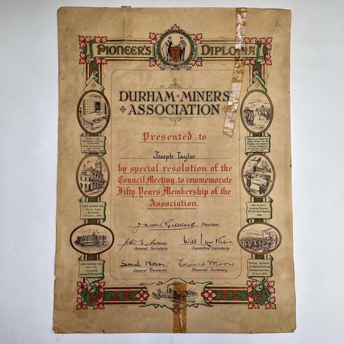 67 - A Durham Miners' Association Pioneer's Diploma, circa 1920, awarded to Joseph Taylor, with printed v... 