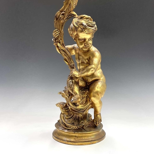 80 - A giltwood gesso figure of putto holding a cornucopia, height 70cm diameter 25cm.