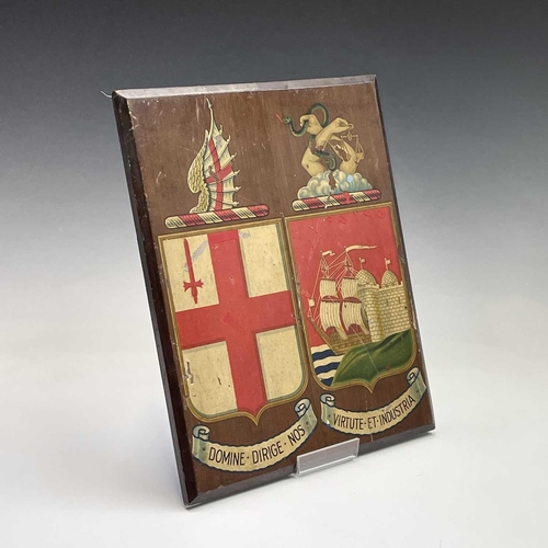 81 - A small walnut panel, hand painted with two crests associated with the GWR, height 34.5 X 28cm, poss... 