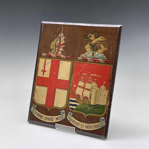 81 - A small walnut panel, hand painted with two crests associated with the GWR, height 34.5 X 28cm, poss... 