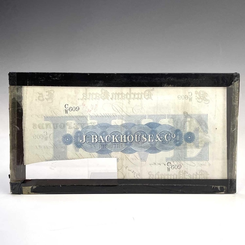 82 - A Durham bank £5 note, dated 1891, cut cancelled, 10.5 X 20.5cm and a similar Stockton on Tees bank ... 