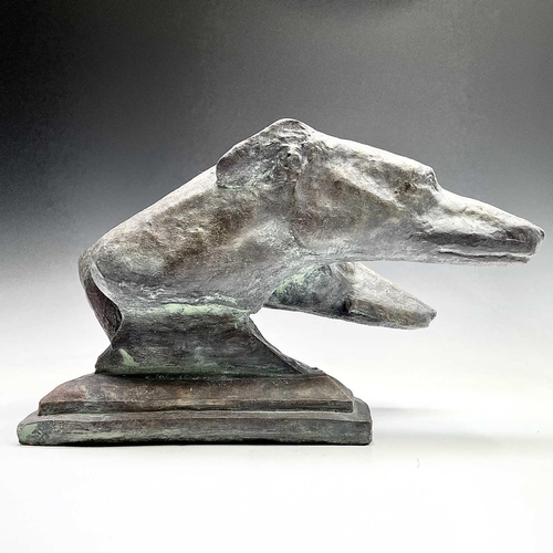 91 - A heavy bronzed composition sculpture of a pair of greyhound heads, on a plinth base. Height 29cm, w... 