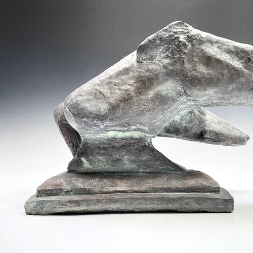 91 - A heavy bronzed composition sculpture of a pair of greyhound heads, on a plinth base. Height 29cm, w... 