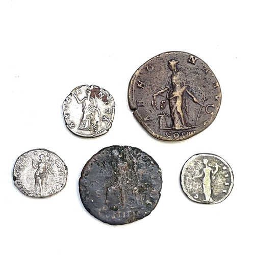 116 - Roman Empire - Antoninus Pius/Faustina Senior 138-161 AD. 5 coins including 3 silver. From same coll... 