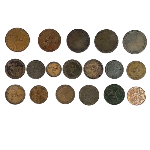 131 - Isle of Man Georgian and Victorian Copper Coinage. A collection of 5 x copper 1d, 11 copper 1/2d, a ... 