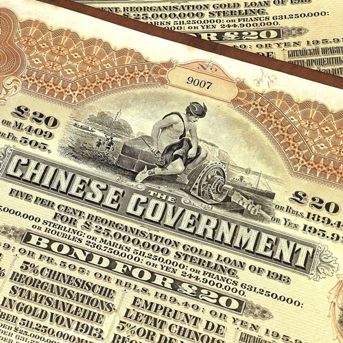 134 - Chinese Government Bonds. Comprising 2 x 1913 Chinese Government £20 Certificates of Gold Loan for £... 