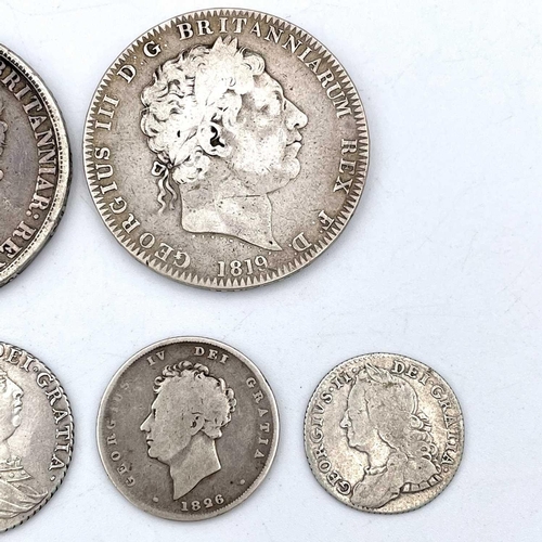 19 - Great Britain Georgian Silver Coinage (x8). A mixed lot comprising: George III Crown 1819 (LIX), Geo... 