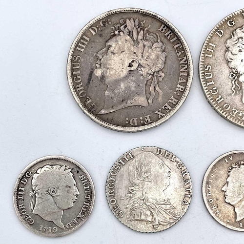 19 - Great Britain Georgian Silver Coinage (x8). A mixed lot comprising: George III Crown 1819 (LIX), Geo... 