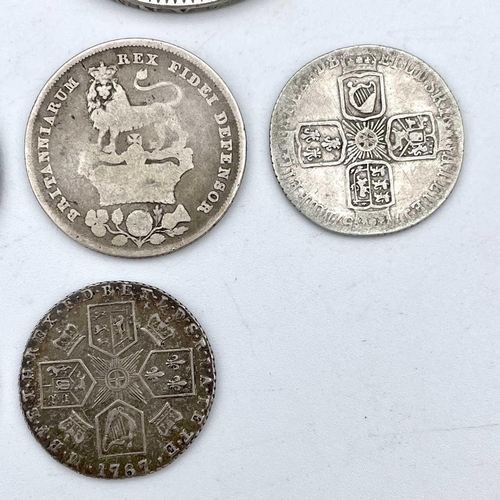 19 - Great Britain Georgian Silver Coinage (x8). A mixed lot comprising: George III Crown 1819 (LIX), Geo... 