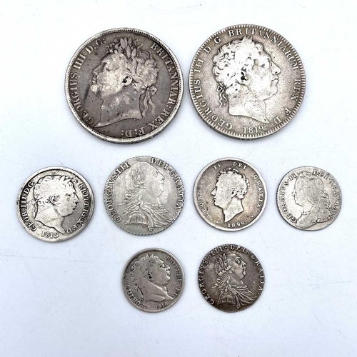 19 - Great Britain Georgian Silver Coinage (x8). A mixed lot comprising: George III Crown 1819 (LIX), Geo... 