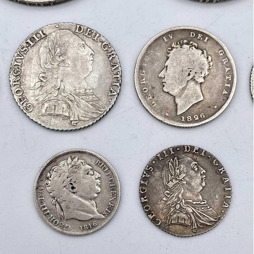 19 - Great Britain Georgian Silver Coinage (x8). A mixed lot comprising: George III Crown 1819 (LIX), Geo... 