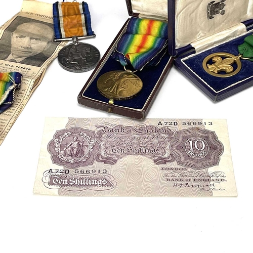 206 - First World War and Scouting Medals and Second World War G.B 10/- note - Cornish interest. Lot compr... 