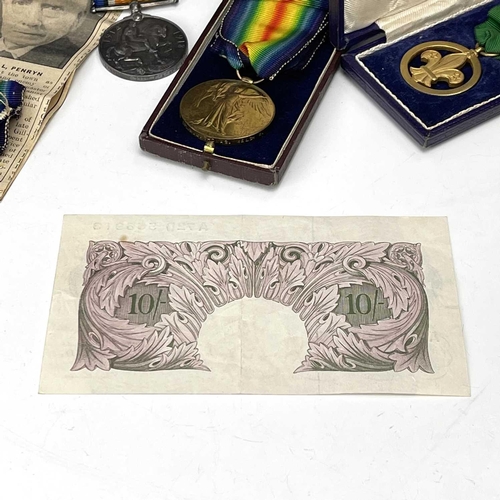 206 - First World War and Scouting Medals and Second World War G.B 10/- note - Cornish interest. Lot compr... 