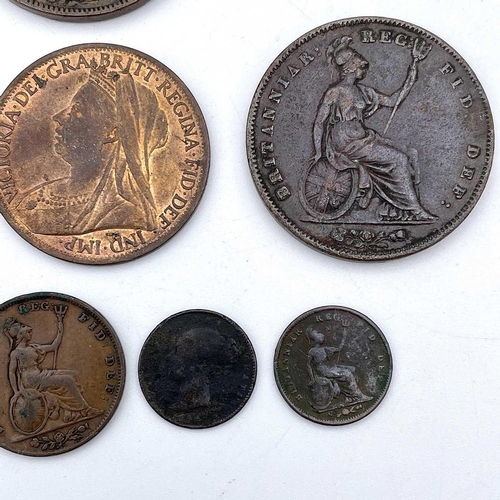 23 - Great Britain, Victorian Copper, etc Coinage (x8). Comprising: 1844, 1855 and 1859 penny coins, 1901... 