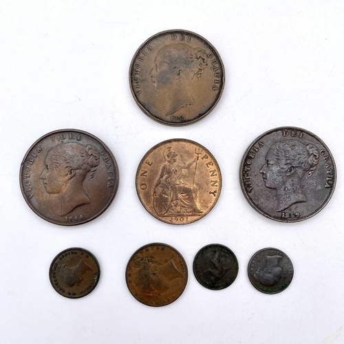 23 - Great Britain, Victorian Copper, etc Coinage (x8). Comprising: 1844, 1855 and 1859 penny coins, 1901... 