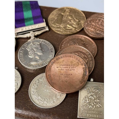 255 - World War Two Trio of Medals and various Horticultural Medallions. Lot comprises a small gas mask? b... 