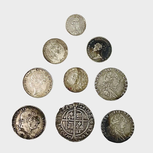 34 - Great Britain Silver Coinage 16th to 19th Century. Comprising an Elizabethan sixpence 1552?, 2 x 178... 