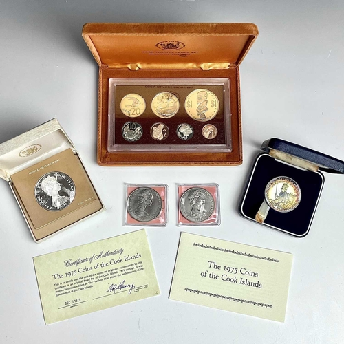 41 - Cook Islands Proof Coinage. Lot comprises 1975 boxed proof set from 1 cent to $1, 1977 boxed $5 silv... 