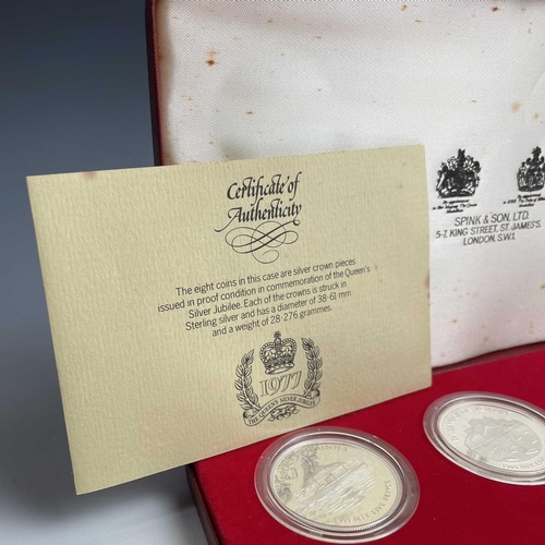 43 - 1977 Silver Jubilee G.B. and Commonwealth Sterling Silverproof Crowns. A cased set of 8 proof encaps... 