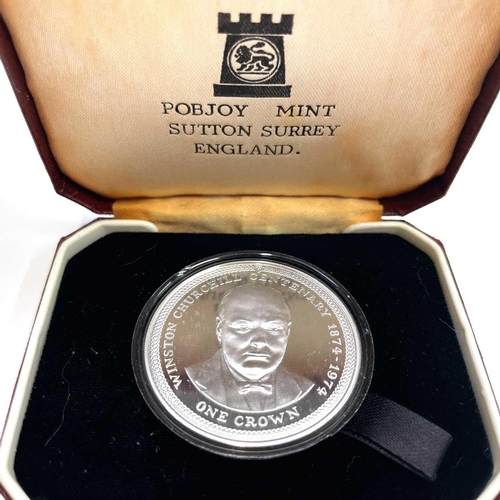 46 - Isle of Man Coinage. Comprising 6 silver proof boxed crown coins: 1974 Winston Churchill Centenary, ... 