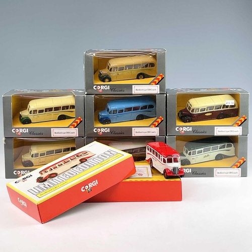 635 - Corgi Bedford OB Die Cast Coaches. A box containing 8 different boxed Corgi OB coaches all in good c... 