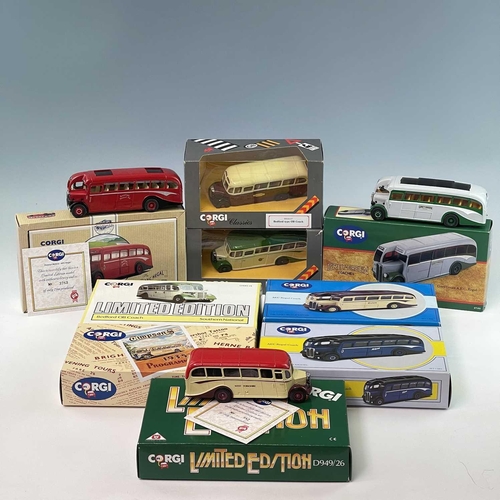 636 - Bedford OB & AEC Regal Boxed Die Cast Coaches. A box containing 9 different boxed Corgi coaches. All... 