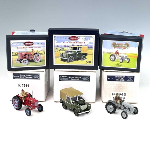 647 - Britains Die Cast boxed Tractors and Series I Land Rover. Comprising: Ferguson TE 20 Tractor (ref 87... 