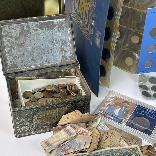 66 - G.B and World Coins. Box containing quantity of coins and banknotes sorted into tins and albums. Not... 