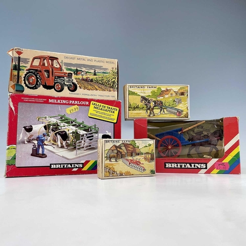 761 - Britains Boxed Farm Equipment (x5). Includes a Massey Ferguson 135 (box a.f); Milking Parlour (ref 4... 