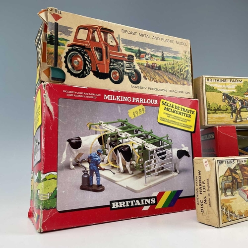 761 - Britains Boxed Farm Equipment (x5). Includes a Massey Ferguson 135 (box a.f); Milking Parlour (ref 4... 