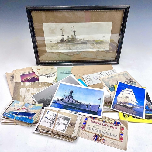 903 - HMS Renown, Naval Photographs, Postcards and other ephemera. Lot comprises a framed and glazed photo... 