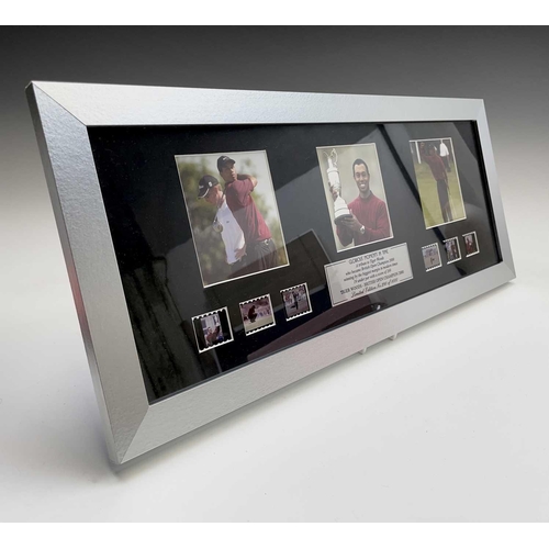 944 - Golfing Interest - Tiger Woods. Lot comprises a framed and glazed set of photographs and six film ce... 