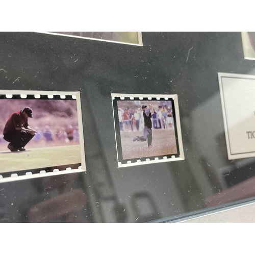 944 - Golfing Interest - Tiger Woods. Lot comprises a framed and glazed set of photographs and six film ce... 