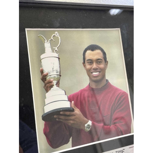 944 - Golfing Interest - Tiger Woods. Lot comprises a framed and glazed set of photographs and six film ce... 