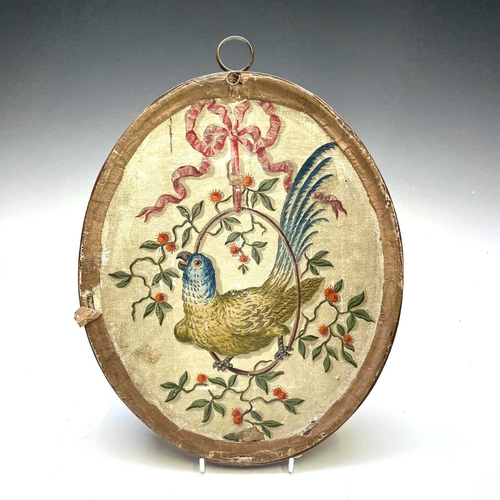 2803 - A Regency silk work oval picture of a shepherdess preparing a wreath, with painted detail, mahogany ... 