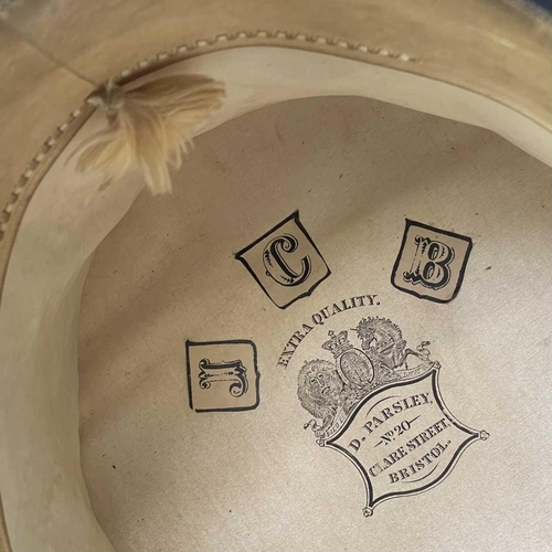 2804 - A Victorian top hat, labelled for D.Parsley, No 20, Clare Street, Bristol, in leather case, overall ... 