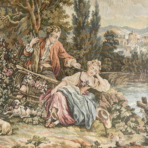 2809 - A modern machine made tapestry of a bucolic scene, 80cm x 113cm together with another textile.