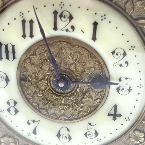 2909 - A late 19th century French brass carriage timepiece with Arabic numerals on an enamel ring face with... 