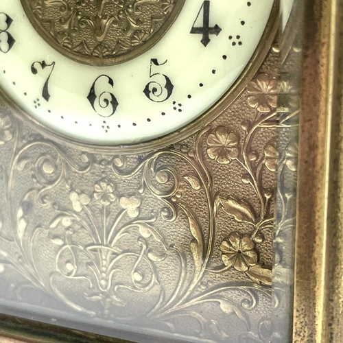 2909 - A late 19th century French brass carriage timepiece with Arabic numerals on an enamel ring face with... 